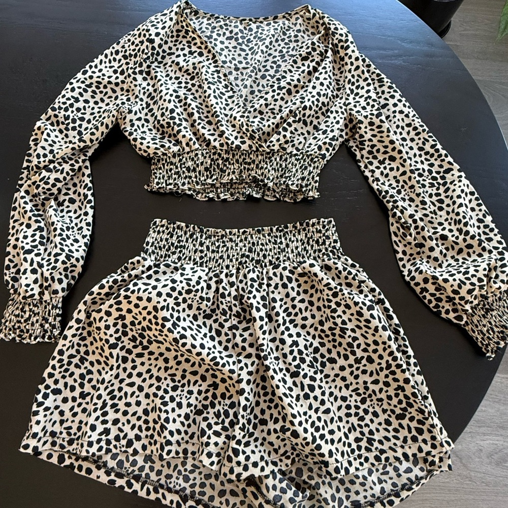 Leopard Print Long Sleeve Crop Top and Shorts Set